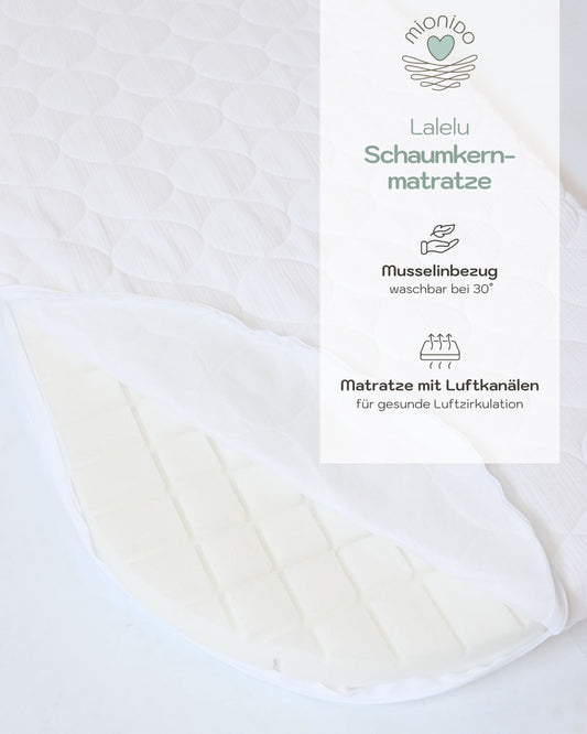 White foam mattress with quilted muslin cover designed for Stubenwagen baby cradles. - Mionido - Baby-Schumkernmatratzemit Musselinbezug