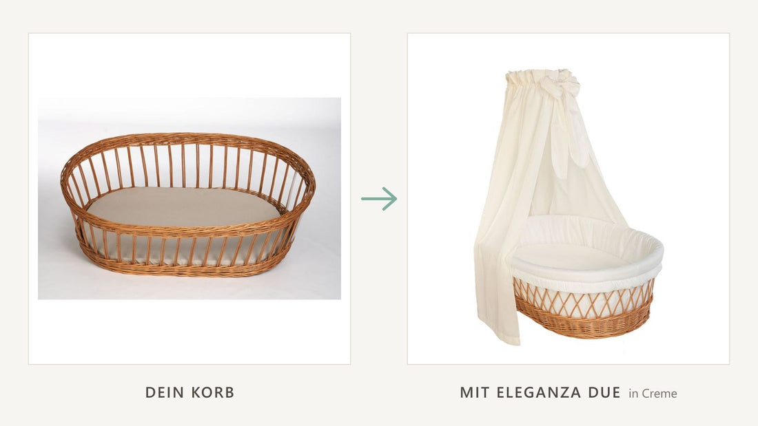 Leerer Weidenkorb mit Matratze und Stubenwagen mit Set Eleganza Due in Creme: Polster, Himmel, Schleife und Matratzenbezug