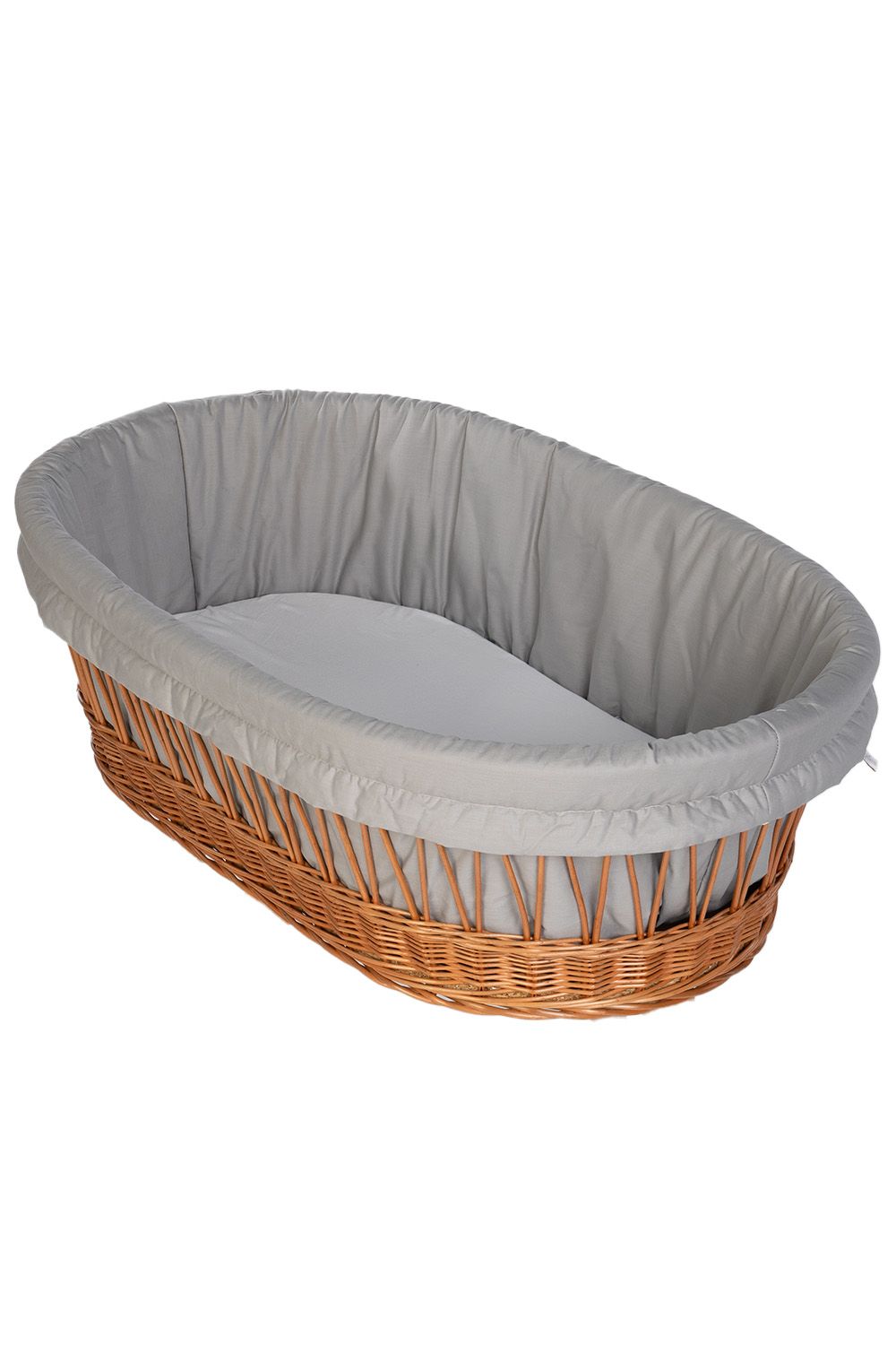 Wicker Stubenwagen with soft light gray cotton padding and gathered fabric edge. - Mionido - Stubenwagenpolster (Baumwolle)