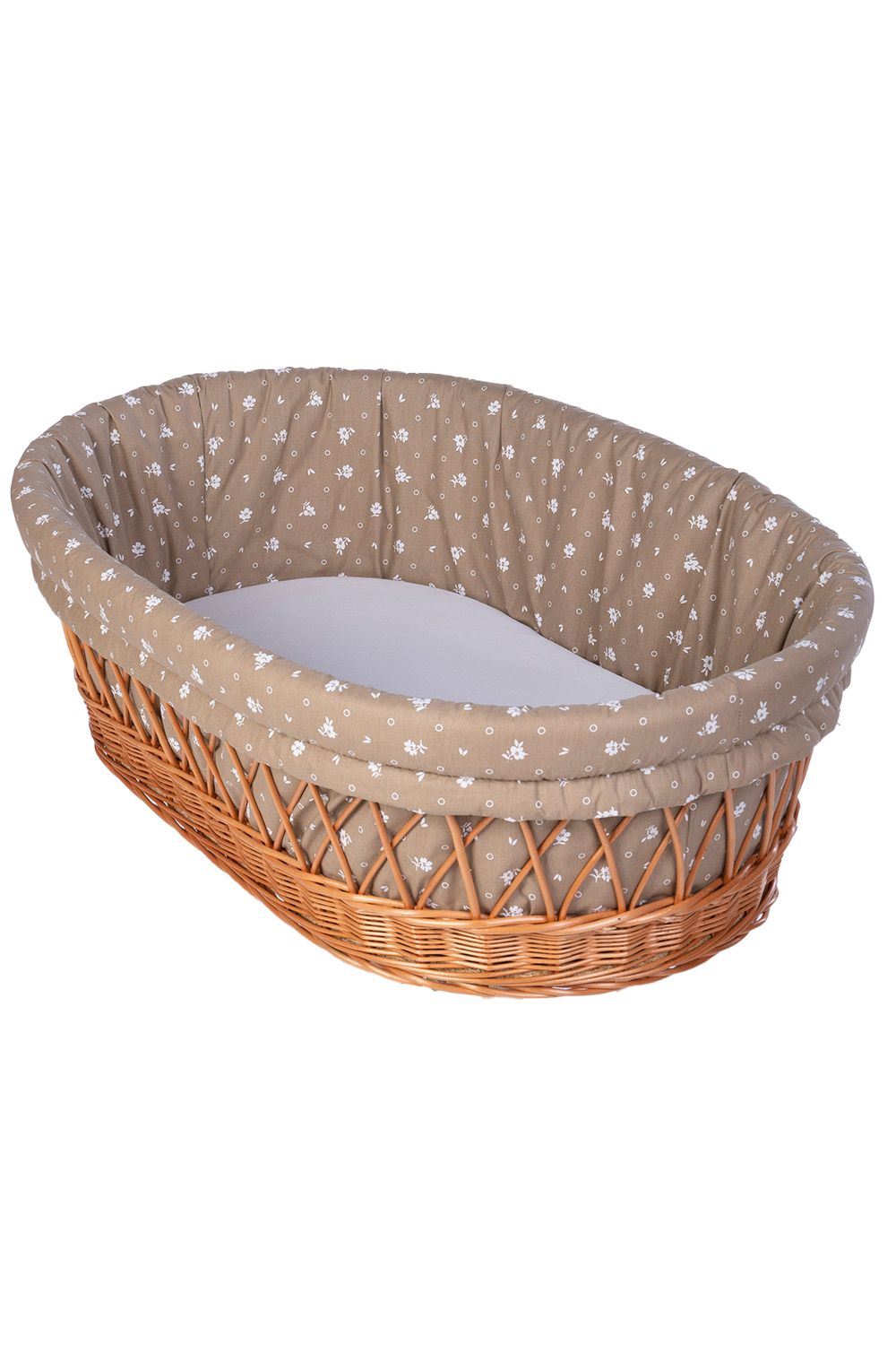 Wicker Stubenwagen with soft beige cotton padded liner featuring white star pattern. - Mionido - Stubenwagenpolster (Baumwolle)