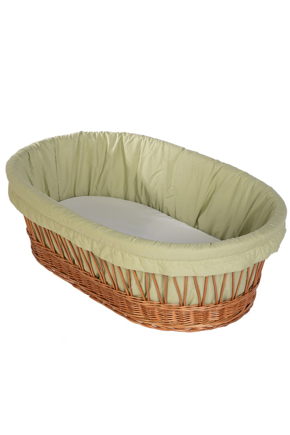 Wicker Stubenwagen with pale green cotton padded lining and fitted mattress. - Mionido - Stubenwagenpolster (Baumwolle)