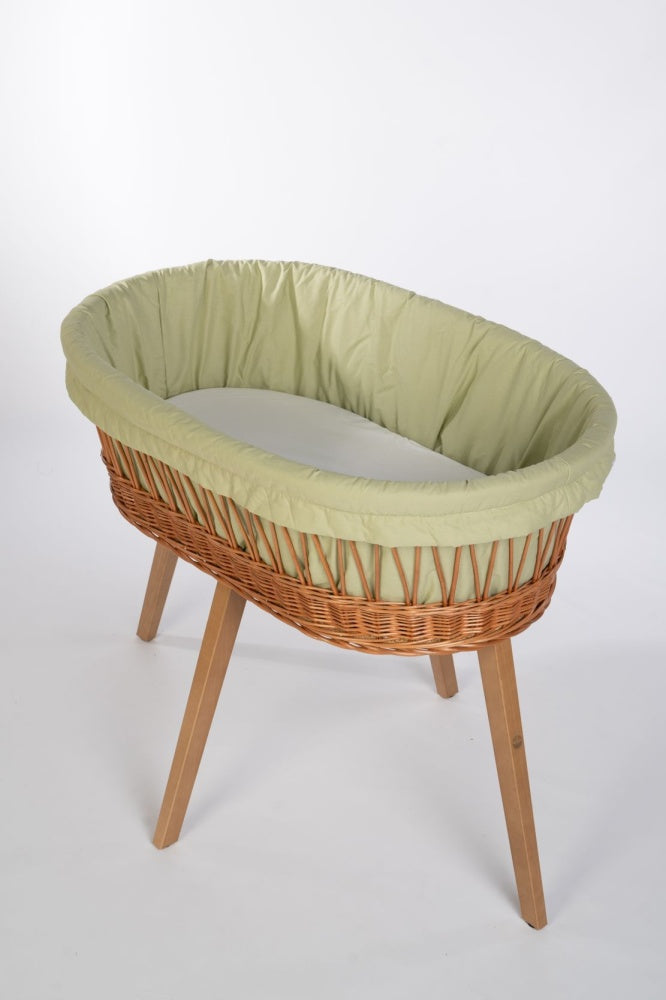 Wicker Stubenwagen with light green cotton padded liner and wooden legs. - Mionido - Stubenwagenpolster (Baumwolle)