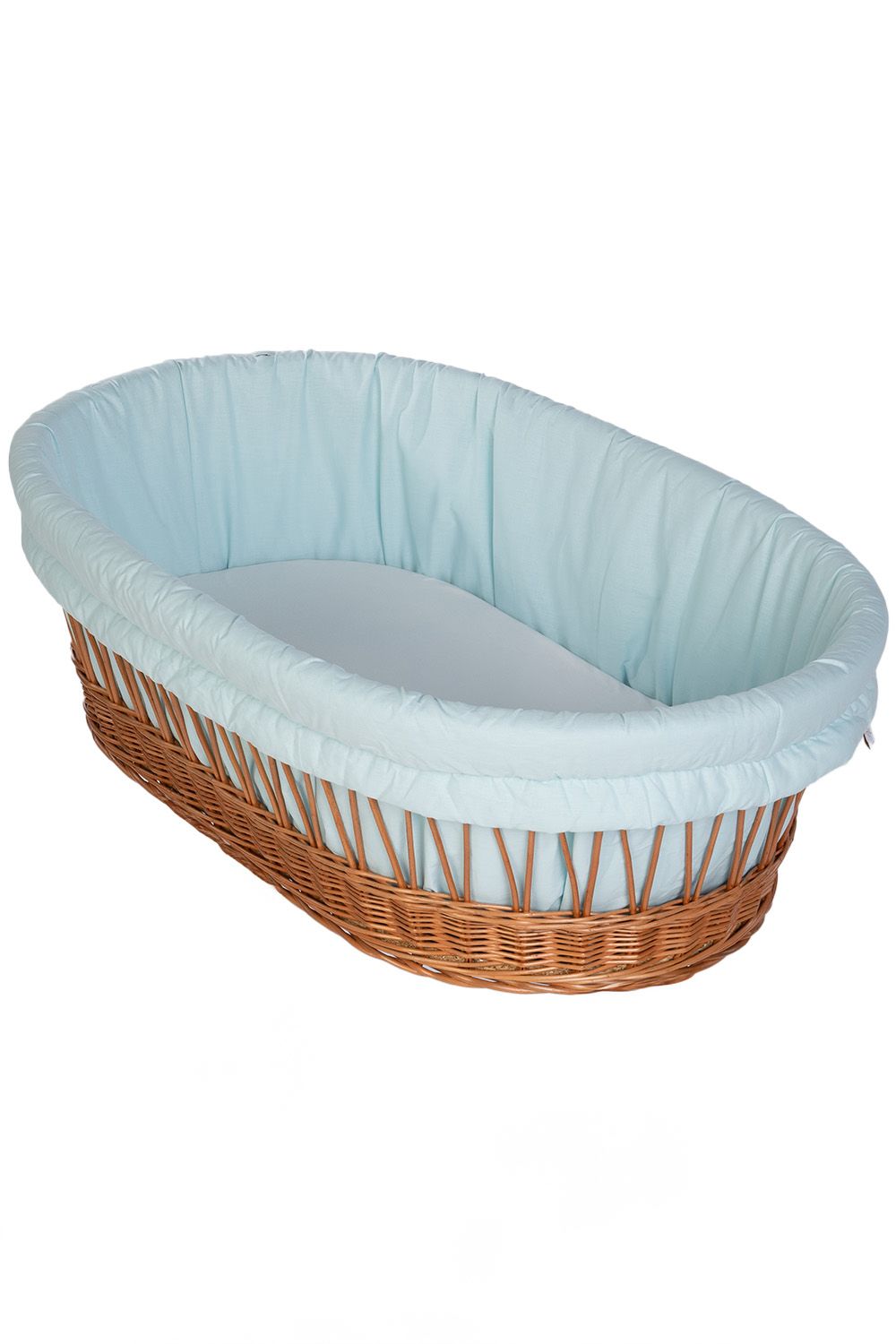 Light blue cotton Stubenwagen cushion with quilted white mattress insert inside woven wicker Stubenwagen basket. - Mionido - Stubenwagenpolster (Baumwolle)