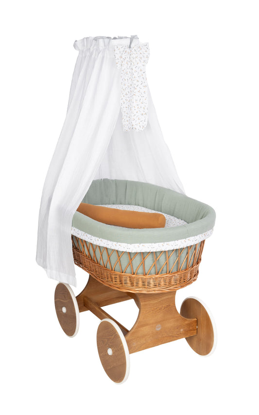 Natural wooden Stubenwagen with light grey and beige linen bedding and white canopy curtain. - Mionido - Bollerwagen Tony (natur)