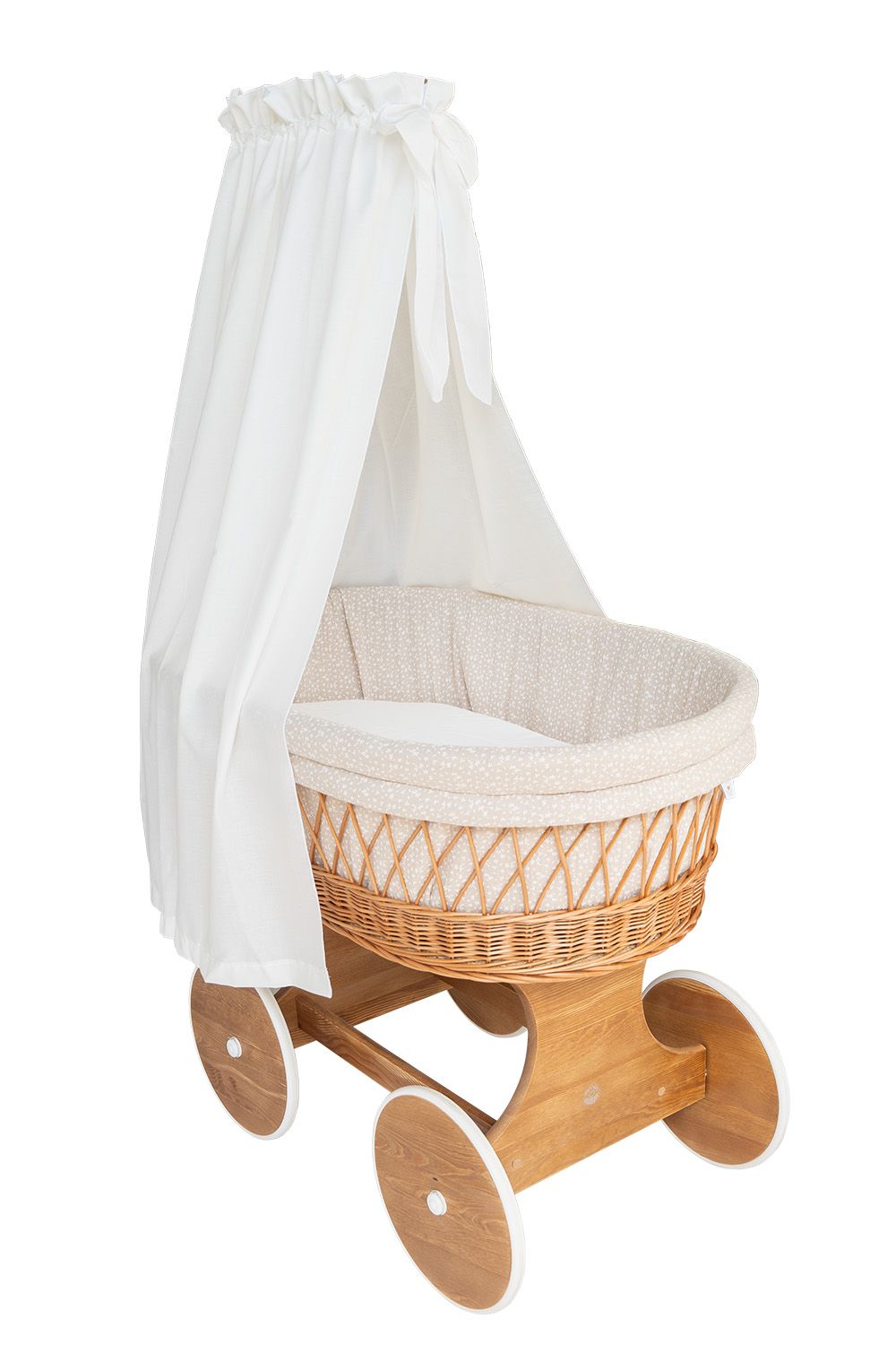 Natural wicker Stubenwagen on wooden wheels with white canopy and beige bedding. - Mionido - Bollerwagen Tony (natur)