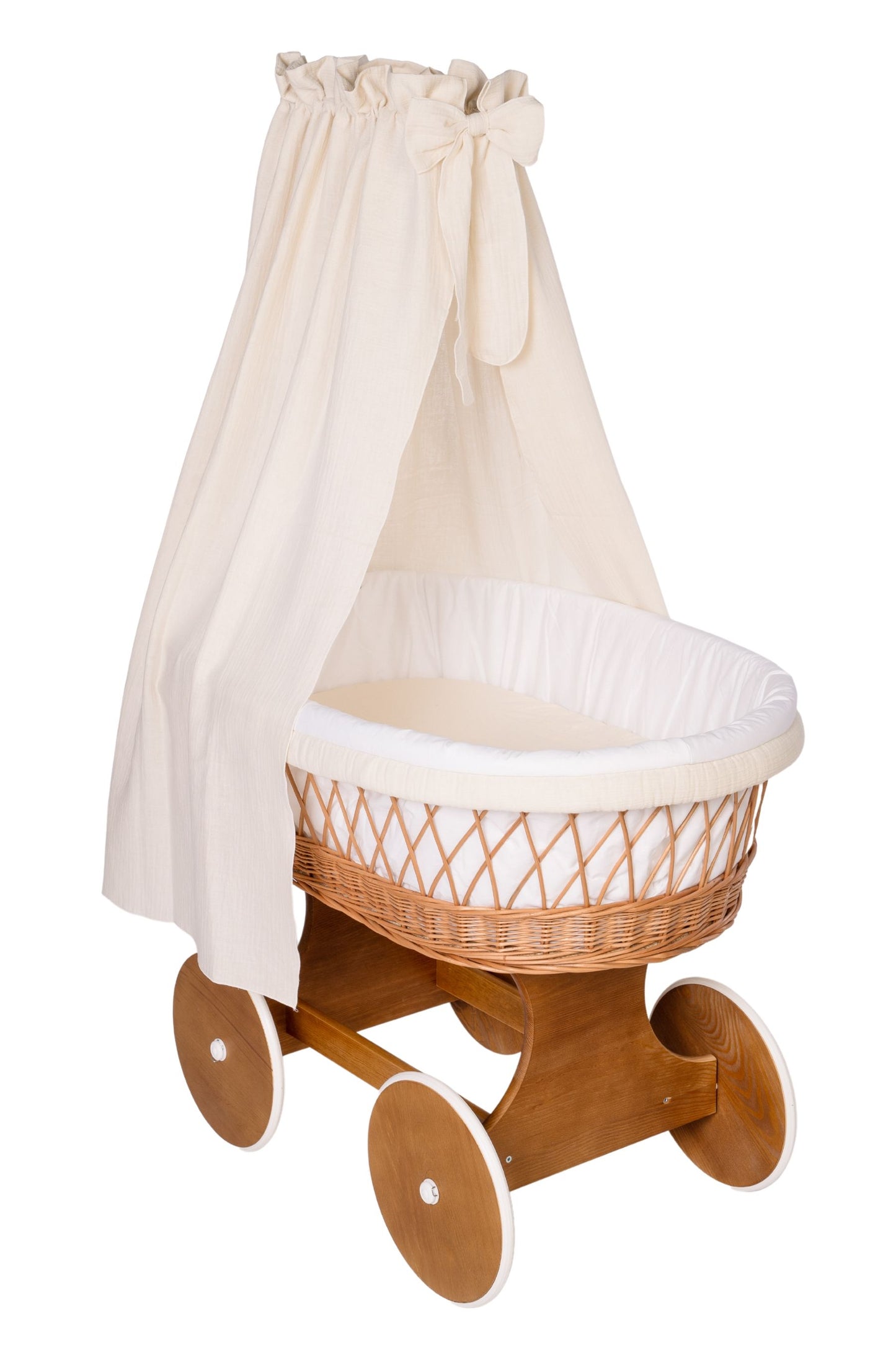 Natural-colored Stubenwagen with wooden wheels, white padded mattress, and soft canopy drape. - Mionido - Bollerwagen Tony (natur)