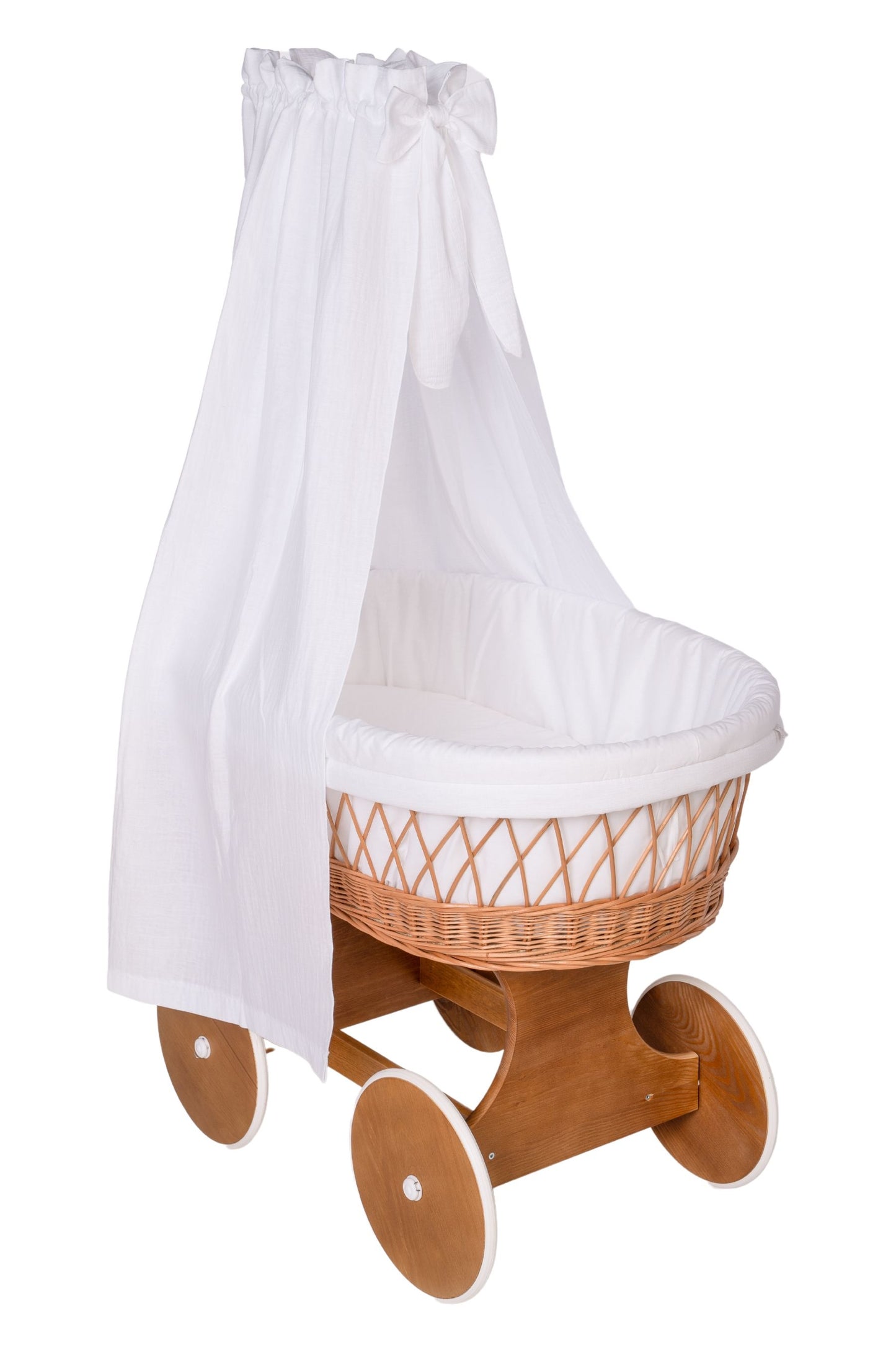Natural wicker Stubenwagen with wooden wheels and white sheer canopy curtain. - Mionido - Bollerwagen Tony (natur)