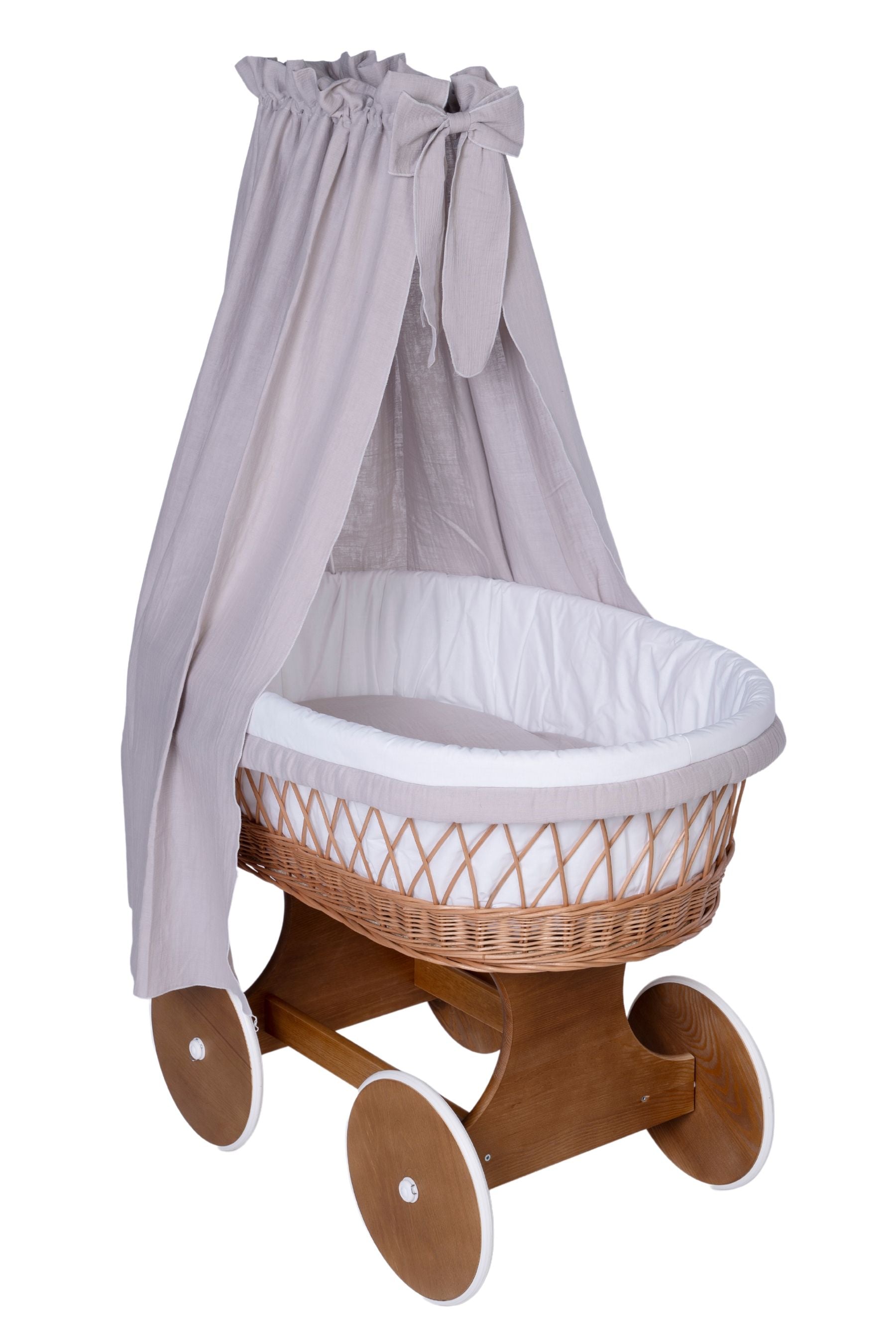 Natural wicker Stubenwagen with white mattress, padded liner, wooden wheels, and light beige canopy with bow. - Mionido - Bollerwagen Tony (natur)