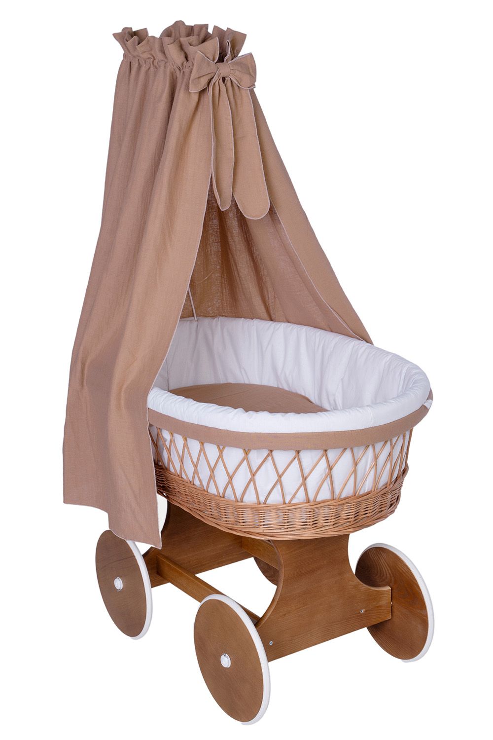 Natural wicker Stubenwagen on wooden wheels with white fabric lining and beige canopy drape. - Mionido - Bollerwagen Tony (natur)