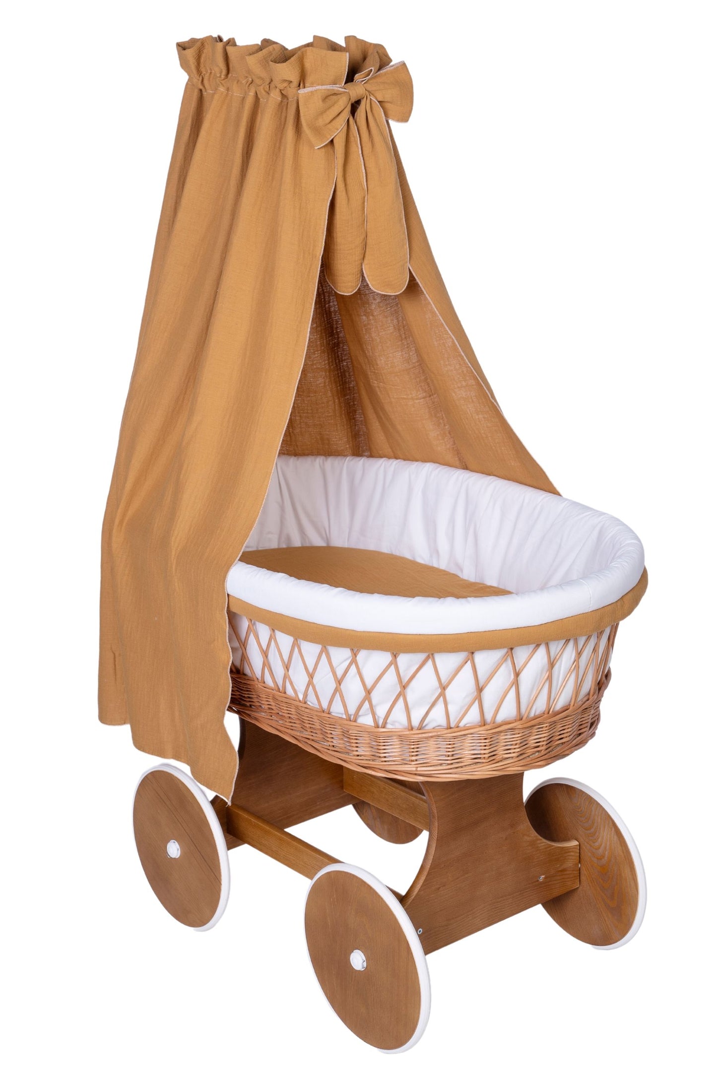 Natural wicker Stubenwagen with white lining and mustard fabric canopy on wooden wheels. - Mionido - Bollerwagen Tony (natur)