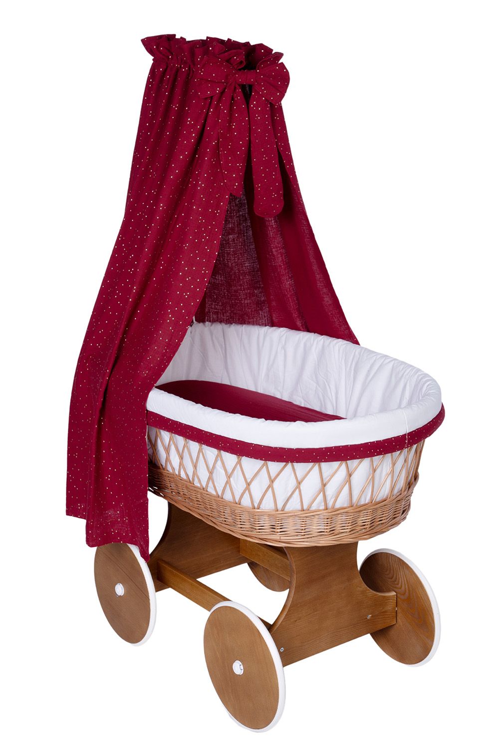 Naturally woven Stubenwagen with red fabric canopy and white cushioned interior on wooden wheels. - Mionido - Bollerwagen Tony (natur)