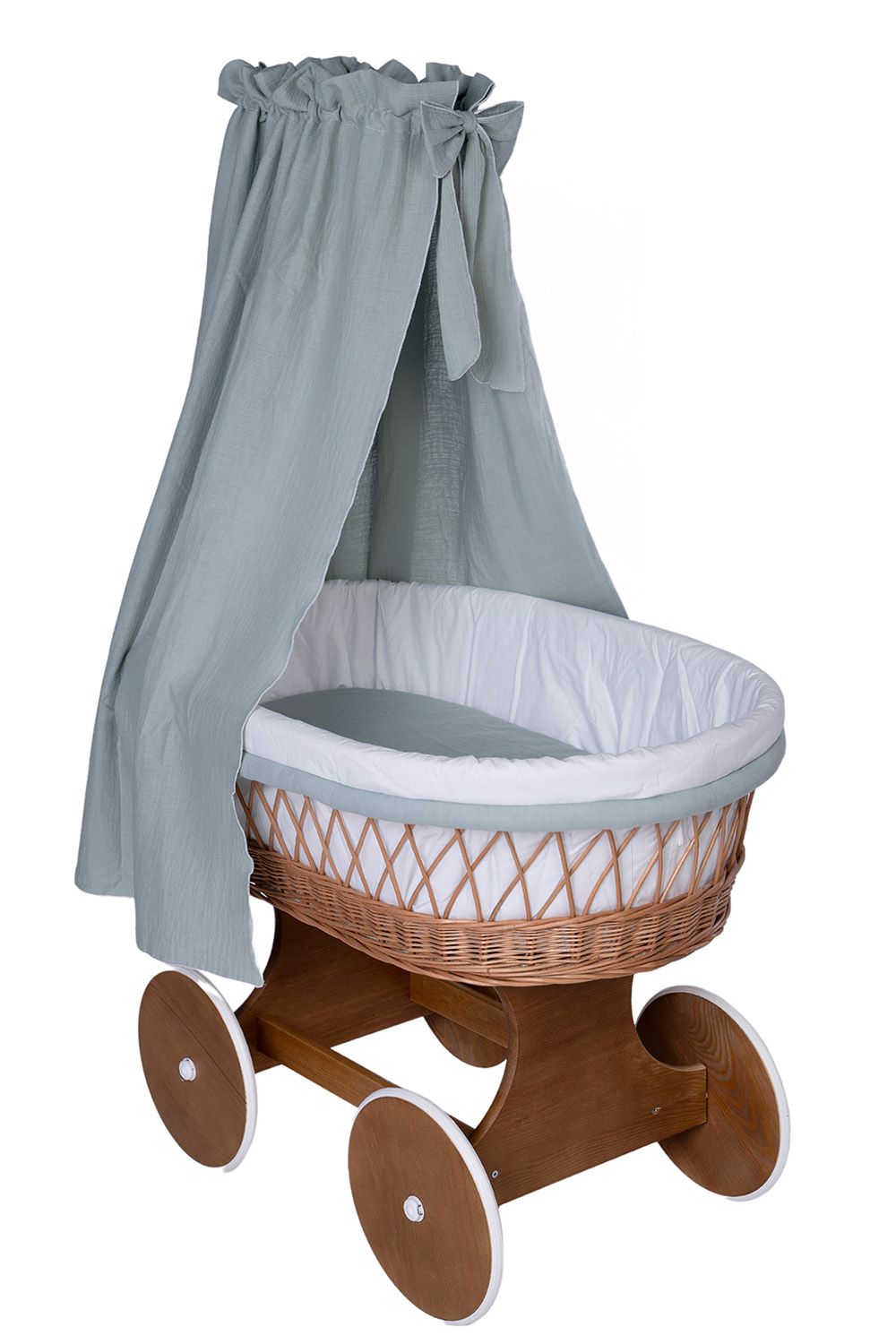 Stubenwagen with natural wicker bassinet, gray fabric canopy, and wooden wheels on wooden frame. - Mionido - Bollerwagen Tony (natur)
