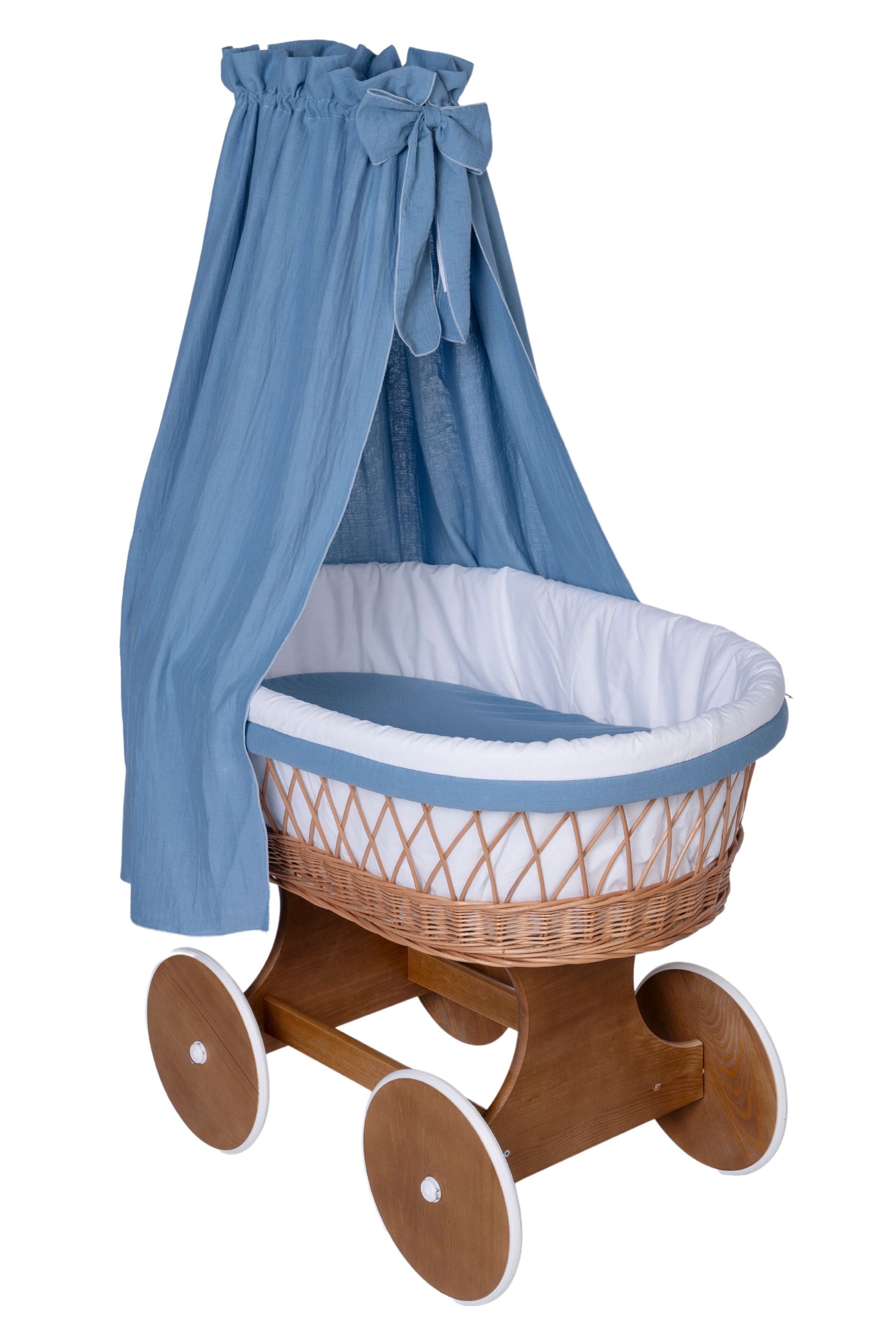 Blue muslin Stubenwagen with wooden frame and canopy from Bollerwagen Tony natur collection. - Mionido - Bollerwagen Tony (natur)