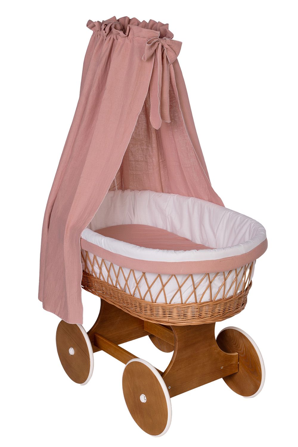 Natural wicker Stubenwagen with soft pink muslin canopy and white interior bedding. - Mionido - Bollerwagen Tony (natur)