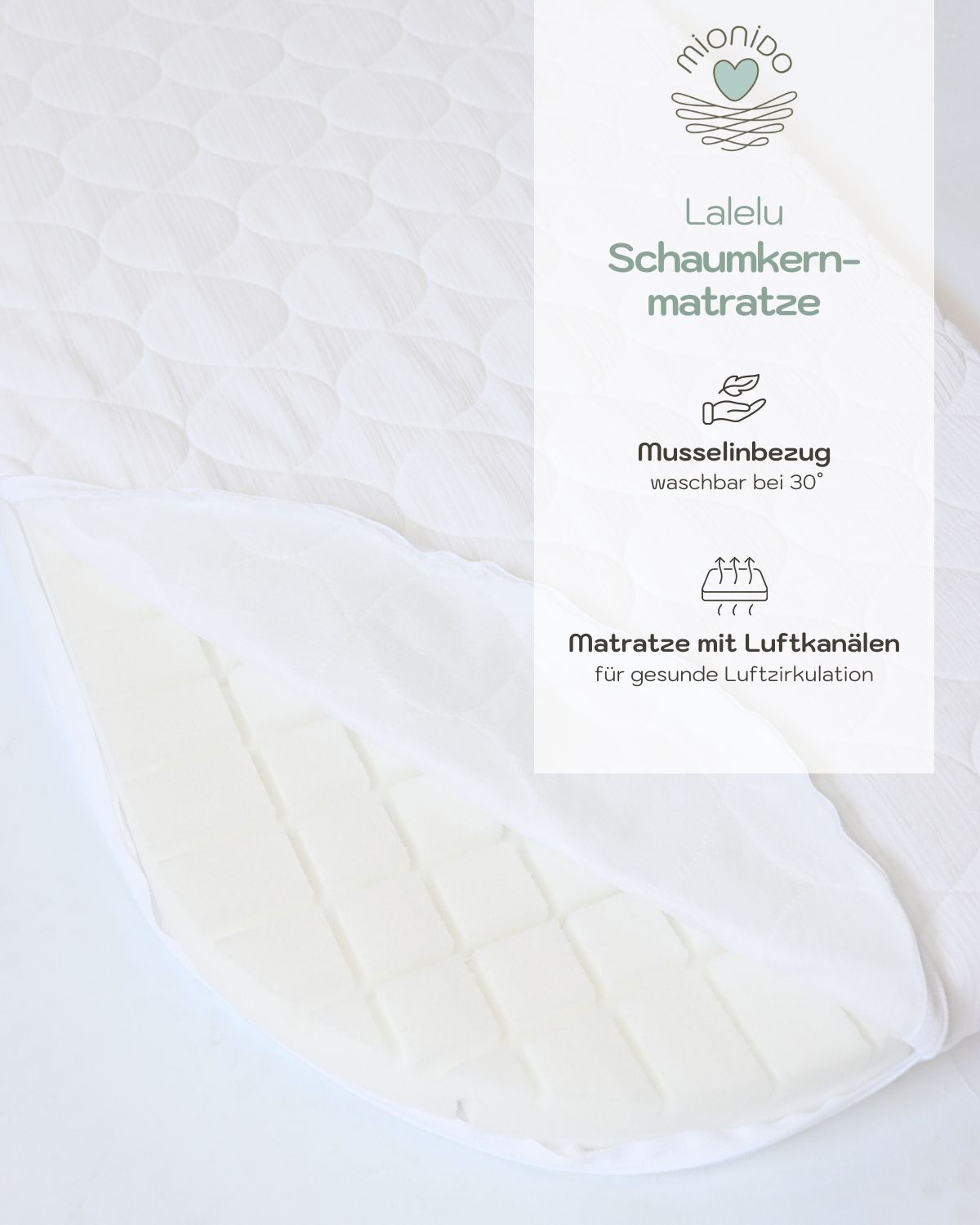 White foam mattress with quilted muslin cover designed for Stubenwagen baby cradles. - Mionido - Baby-Schumkernmatratzemit Musselinbezug