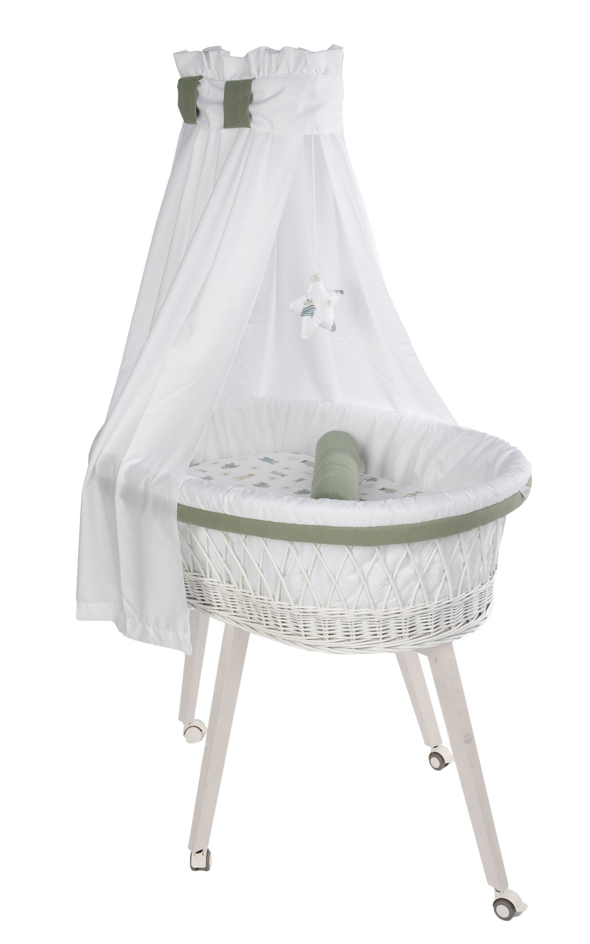 Babybett Lounge Weiß auf Rollen mit Ausstattung in Pyjamabär Khaki – MIONIDO