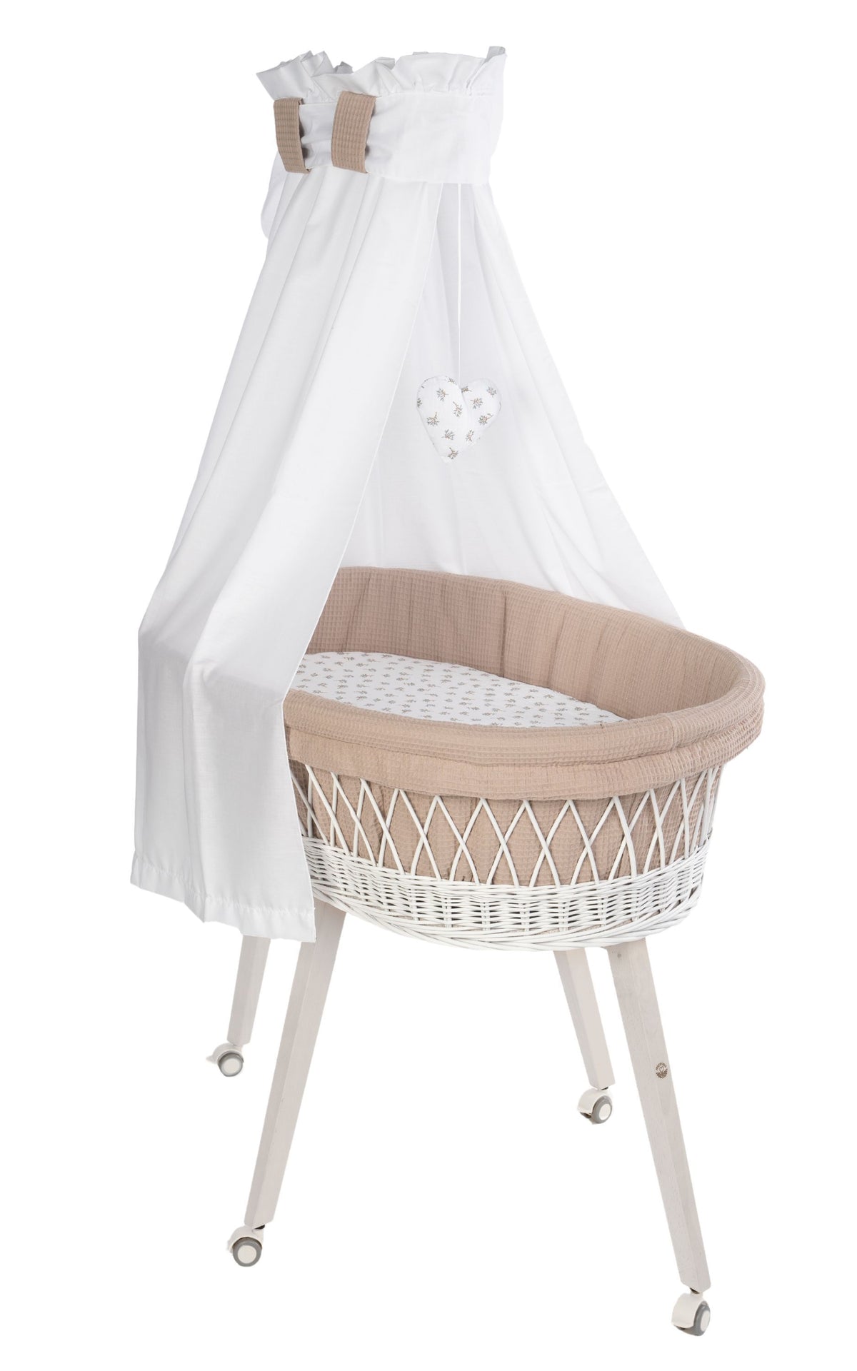 Babybett Lounge Weiß auf Rollen mit Ausstattung in Waffelpiqué Blätter Nougat – MIONIDO